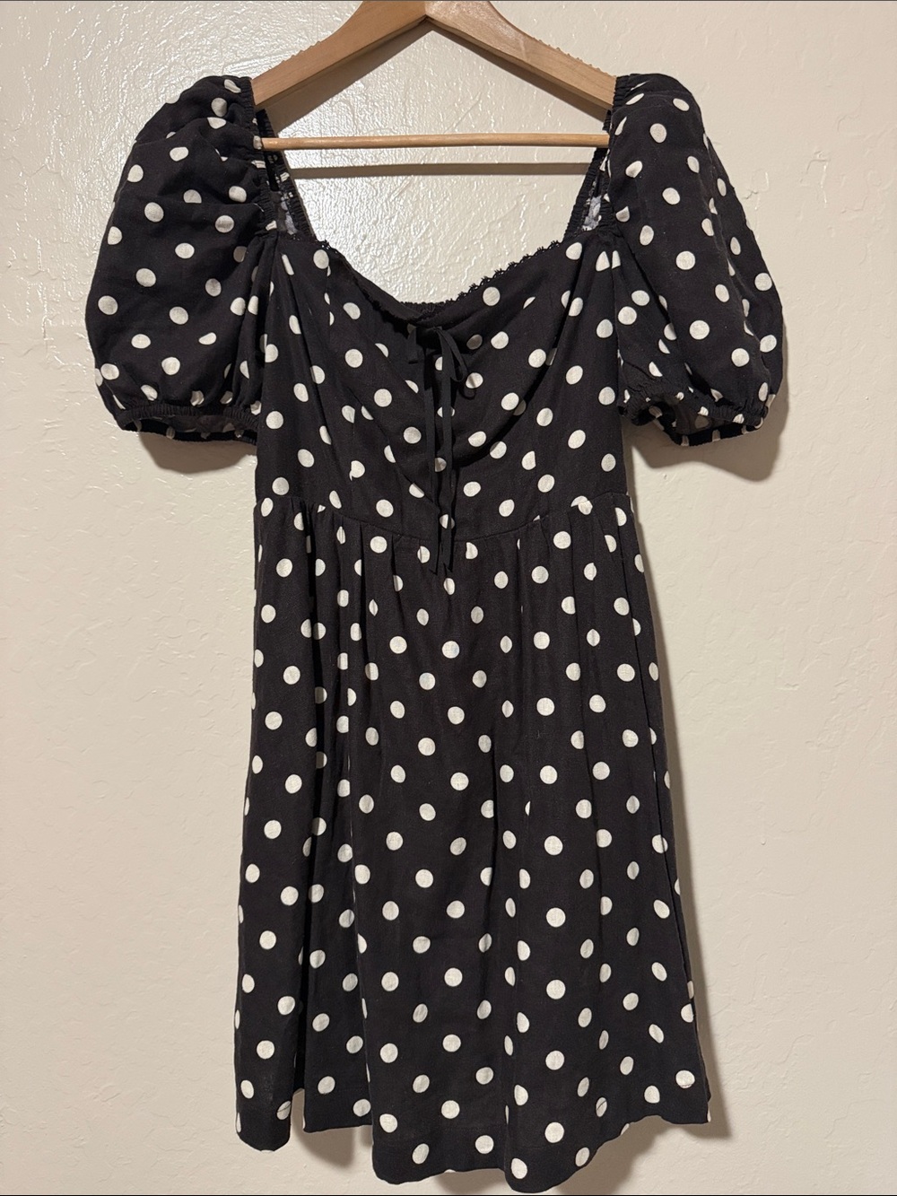 Camila Coelho Black & White Polka Dot Puff-Sleeve Mini Dress Linen Blend Size S